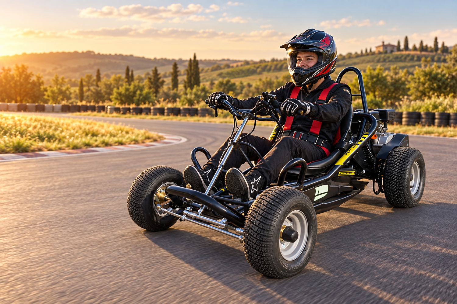 Drift-Kart Benzin 196 ccm · Einsitzer mit Fahrer und Schutzausrüstung im Gelände