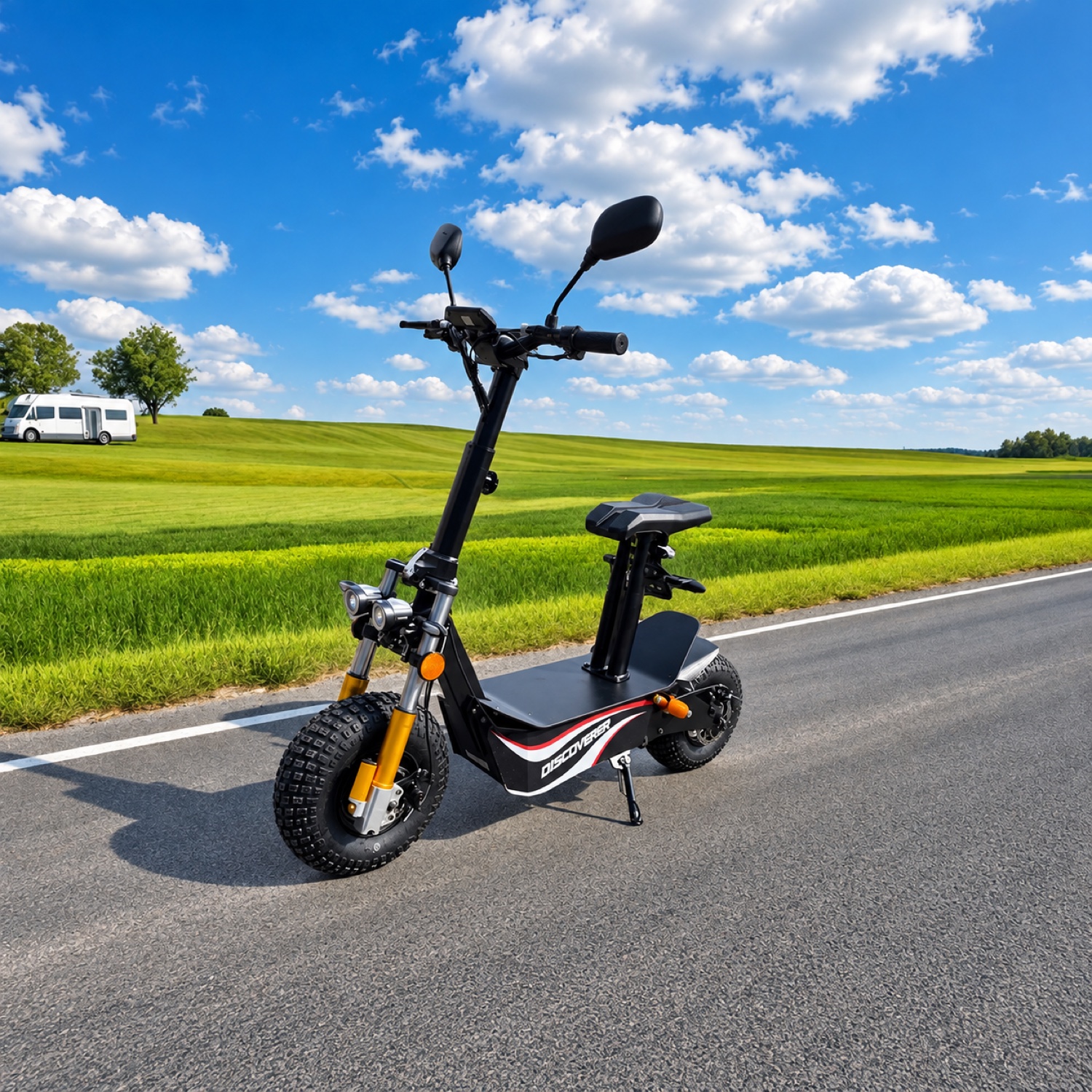 Elektroroller Speedstar 45, 2000 W – Frontansicht an der Landstraße Elektroroller Speedstar 45, 2000 W – Frontansicht an der Landstraße