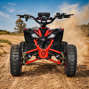 Werbebild Kinderquad 350W 48V rotes Quad mit Differntial in Wüste von vorne