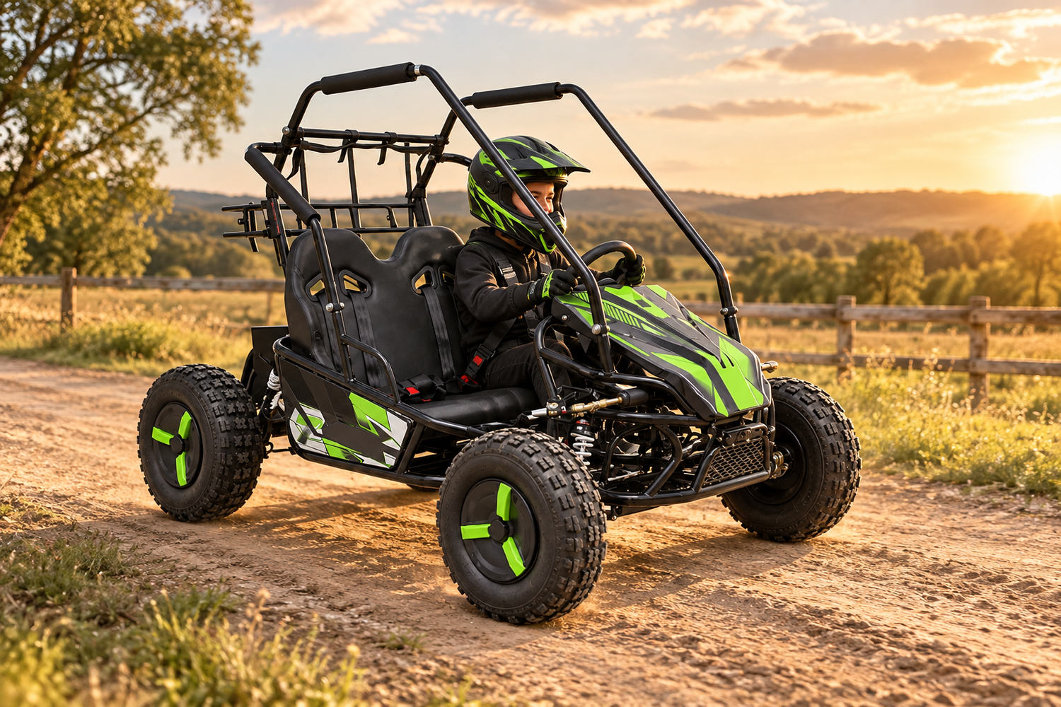 Gokart elektrisch 2-Sitzer · 60 V · bis 2000 W Peak mit Fahrer und Schutzausrüstung im Gelände