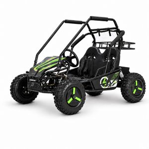 Elektrischer Kinderbuggy mit zwei Sitzplätzen in Grün, schräg von vorne vor weißem Hintergrund.