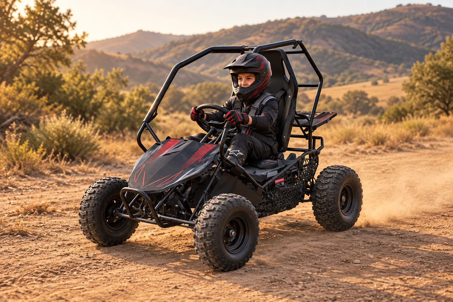 HIGHPER Gokart elektrisch 1000 W · 36 V mit Fahrer und Schutzausrüstung im Gelände