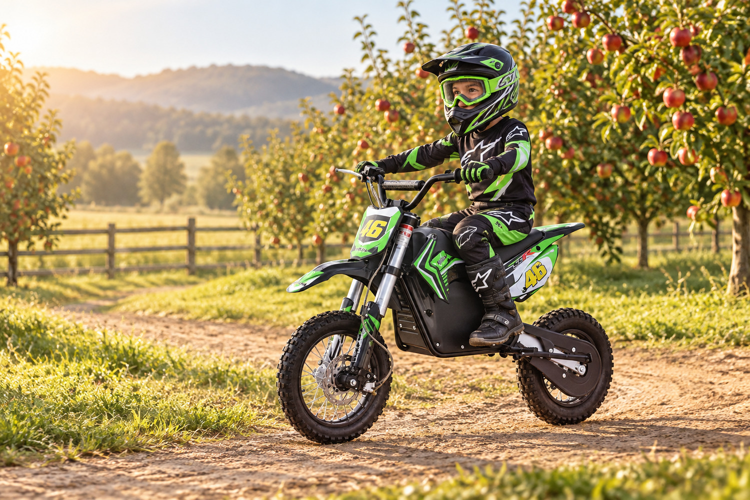Elektro-Dirtbike 1200 W · 48 V · 12/10 Zoll mit Fahrer und Schutzausrüstung im Gelände