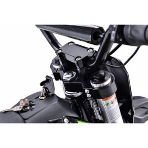 HIGHPER Kinder-Dirtbike 12/10 – 1200 W, 48 V / 14 Ah Grün – Lenker und Gabelbrücke HIGHPER Kinder-Dirtbike 12/10 in Grün: mit Detailansicht von Lenker und Gabelbrücke.