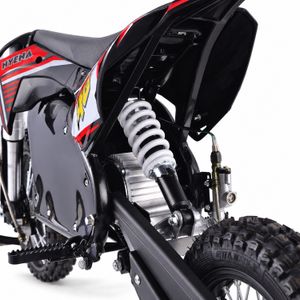 HIGHPER Kinder-Dirtbike 12/10 – 1200 W, 48 V / 14 Ah Rot – Federbein und Elektromotor HIGHPER Kinder-Dirtbike 12/10 in Rot: mit Detailansicht von Federbein und Elektromotor.