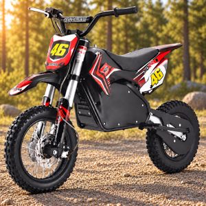 HIGHPER Kinder-Dirtbike 12/10 – 1200 W, 48 V / 14 Ah Rot – Hero auf Waldlichtung HIGHPER Kinder-Dirtbike 12/10 in Rot: auf einer sonnigen Waldlichtung.