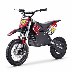 HIGHPER Kinder-Dirtbike 12/10 – 1200 W, 48 V / 14 Ah Rot – Schrägansicht links HIGHPER Kinder-Dirtbike 12/10 in Rot: in schräger Vorderansicht von links.