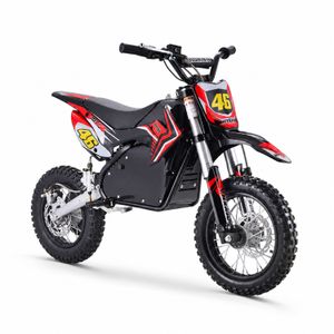 HIGHPER Kinder-Dirtbike 12/10 – 1200 W, 48 V / 14 Ah Rot – Schrägansicht rechts HIGHPER Kinder-Dirtbike 12/10 in Rot: in schräger Vorderansicht von rechts.