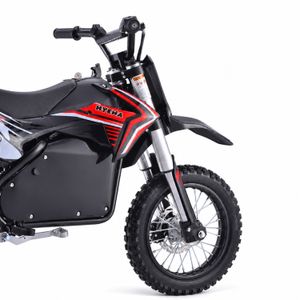 HIGHPER Kinder-Dirtbike 12/10 – 1200 W, 48 V / 14 Ah Rot – Verkleidung und Vorderrad HIGHPER Kinder-Dirtbike 12/10 in Rot: mit Detailansicht von Verkleidung, Gabel und Vorderrad.