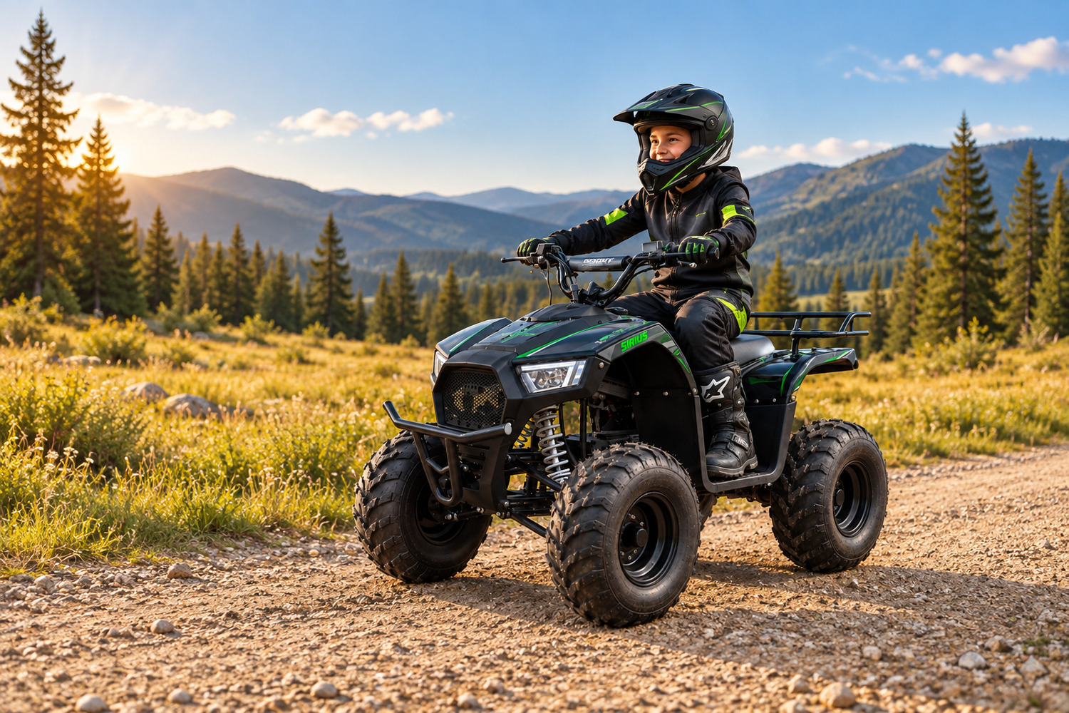 ATV-13E(C) Sirius Elektro-Kinderquad mit Fahrer und Schutzausrüstung im Gelände