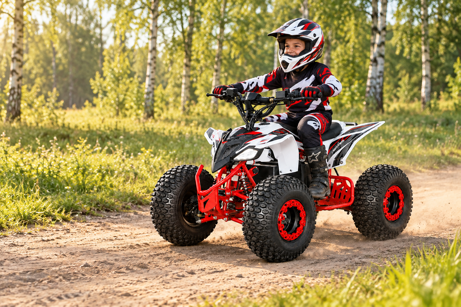 HIGHPER ATV-12EC New Racer Elektro-Kinderquad mit Fahrer und Schutzausrüstung im Gelände