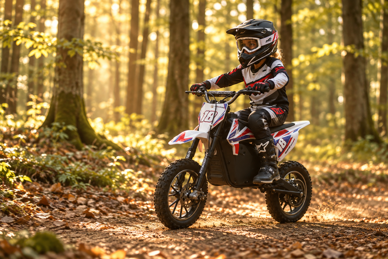 HIGHPER Mini Racer 800 HP114E · Elektro-Dirtbike mit Fahrer und Schutzausrüstung im Gelände