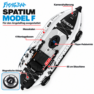 Spatium Model F – Ausstattung und Zubehörhalterungen Spatium Model F von oben mit Messskalen, vier Montagebasen, Flipper-Pedalantrieb, 65 cm Sitzschiene und magnetischer Ablage.