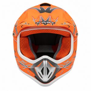 KIMO Kinder-Crosshelm Sport Orange matt, Frontansicht, KI-generierte ergänzende Produktvisualisierung auf Weiß