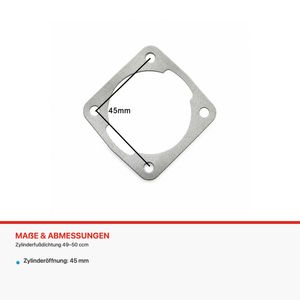 Zylinderfußdichtung 49–50 ccm – Maße und Abmessungen Zylinderfußdichtung 49–50 ccm: Zylinderöffnung: 45 mm