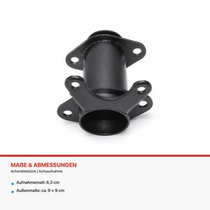 Achsmittelstück / Achsaufnahme: Aufnahmemaß: 6,3 cm, Außenmaße: ca. 9 × 9 cm