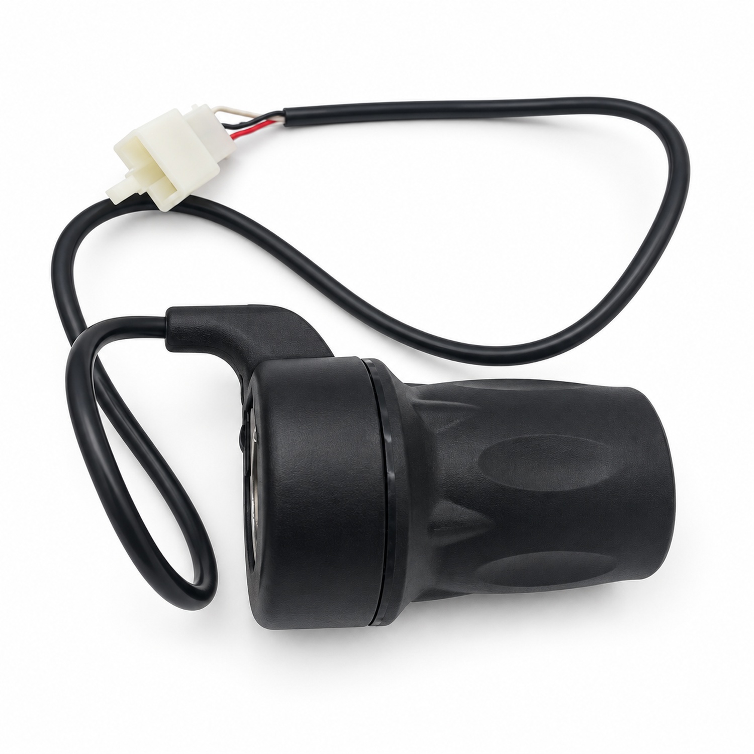 Drehgasgriff rechts 36–48 V – Kabel und Stecker im Detail Detailansicht des schwarzen halben Drehgasgriffs ohne LED für 36–48 V mit Anschlusskabel und weißem Stecker
