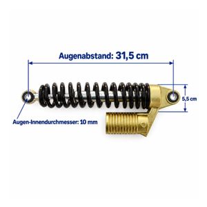Maßansicht des Kinderquad-Federbeins schwarz: Augenabstand 31,5 cm, Augen-Innendurchmesser 10 mm und eingezeichnetes Gehäusemaß 5,5 cm