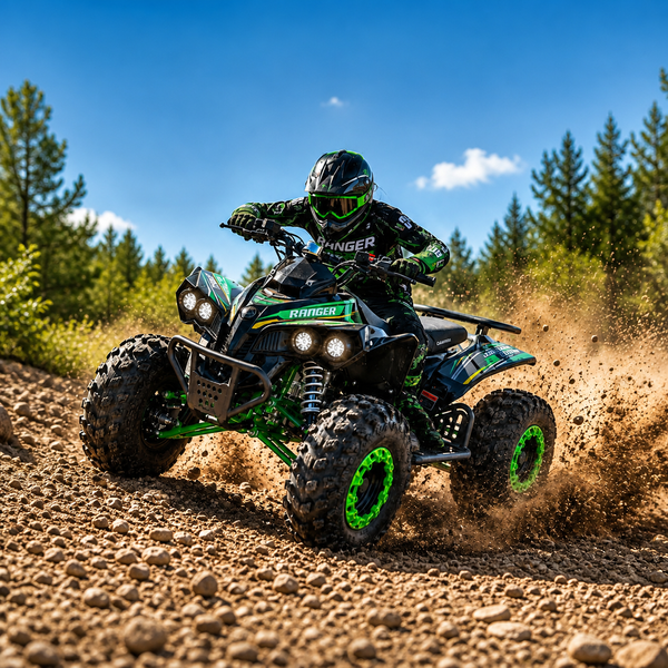 Grünes Kinderquad Ranger 125 ccm mit Fahrer im Gelände