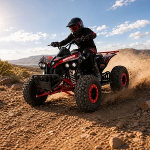 Kinderquad Ranger 125 ccm Rot – Action-Hauptbild Rotes Kinderquad Ranger 125 ccm mit Fahrer im Gelände