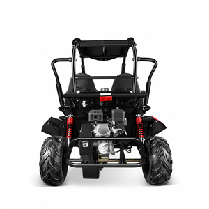 Kinderbuggy GK002B Zweisitzer – Heckansicht mit Motor GK002B Kinderbuggy von hinten mit schwarzen Felgen, Heckmotor, Antrieb, zwei Federbeinen und Schutzbügel.