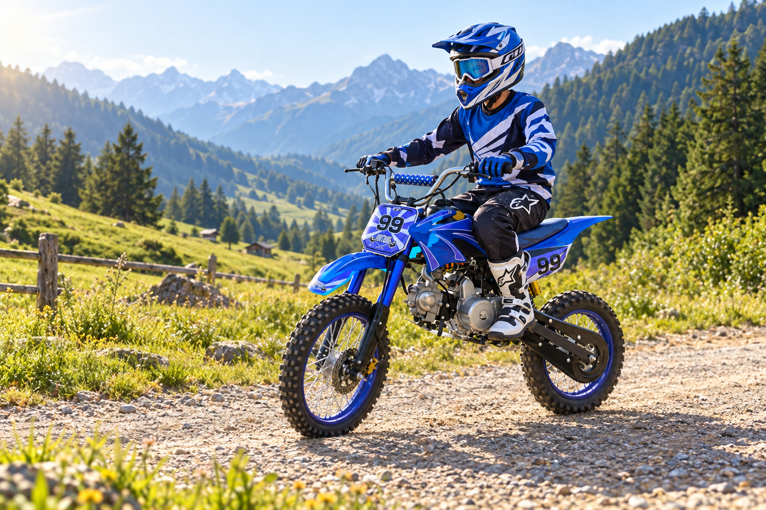 Dirtbike 125 ccm Automatik · 17/14 Zoll mit Fahrer und Schutzausrüstung im Gelände