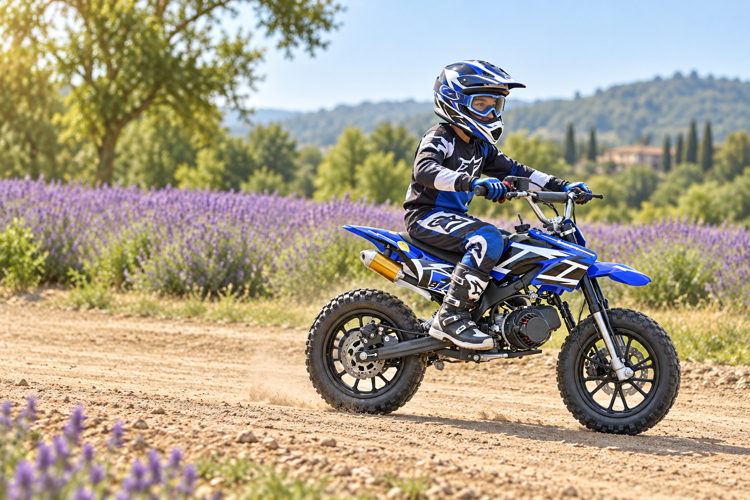 HIGHPER ORIO DB701 · Benzin-Pocketbike mit Fahrer und Schutzausrüstung im Gelände