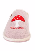 Glückspilz Filzpantoffel von Adelheid rosa rosa Filzpantoffel mit rot-weißer Fliegenpilz-Applikation mit rotem Schriftzug Glückspilz von Adelheid von vorne, helle Einfassung
