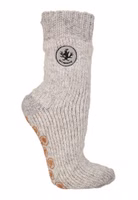 hellgrau melierte Naturbursche Stricksocke mit Hirsch-Patch und dem Schriftzug Naturbursche im oberen Bereich sowie hellgrauem Antirutsch-Kleeblattdruck