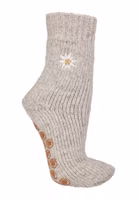 hellgrau melierte Glücksbringer Stricksocke mit Edelweißblüten-Stickerei im oberen Bereich sowie hellbraunem Antirutsch-Kleeblattdruck auf der Sohle