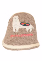 ein hellbrauner Filzpantoffel von vorne mit Lama-Applikation und pinkem Schriftzug Weltenbummlerin. Außen hell eingefasst