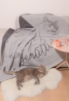 Gemütlich Kuscheldecke eine hellgraue Kuscheldecke mit dunkelgrauem Motive einer ausgestreckten Katze und dem Schriftzug Mach`s dir gemütlich liegend auf einem Sofa mit einer echten Katze davor auf dem Boden liegend