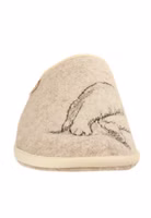 von vorne ein hellbeiger Pantoffel mit Katzenstickerei und heller Einfassung