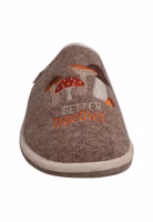 hellbrauner Filzpantoffel mit Stickerei verschiedener Pilze in Rost, creme, orange und braun sowie "Better together" Schriftzug in orange