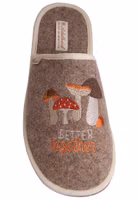hellbrauner Filzpantoffel mit Stickerei verschiedener Pilze in Rost, creme, orange und braun sowie "Better together" Schriftzug in orange von oben