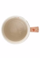 die Glückspilz Henkeltasse aus Porzellan von oben mit rosa weiß gepunktetem Henkel und kleinem Herzchen