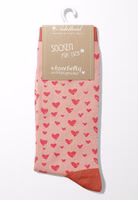 original zusammengeheftet ein Paar rosa Zuckersüss Socken mit Herz-Allover in korallrot sowie abgesetzte Bündchen, Fersen- und Zehenbereiche in korallrot