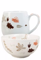 2er Set bestehend aus einer Porzellan-Schale sowie einer bauchigen Porzellan-Henkeltasse, beides verziert mit verschieden Blättern, Eichel, Pilzen in braun, rost und taupe
