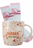 2er Set bestehend aus einer Porzellan Henkeltasse mit Blumen-Allover und Beste Mama der Welt Schriftzug sowie ein Paar weiße Sportsocken Beste Mama der Welt mit rosa Bündchen und Zehenbereich