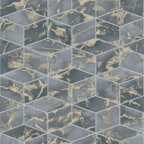 Carta da parati grafica Profhome 378634-GU Carta da parati TNT liscia con motivo grafico luccicante blu oro nero 5,33 m2