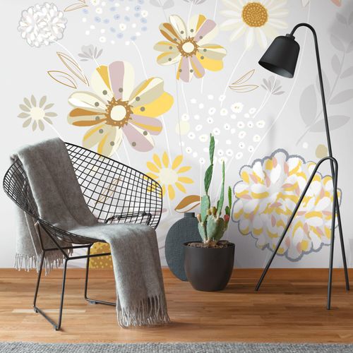 Sfondo fotografico Profhome 392101-GU Carta da parati TNT goffrata a caldo liscia con motivo floreale opaca grigio giallo beige bianco 1,59 m x 2,8 m