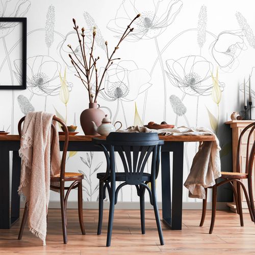 Sfondo fotografico Profhome 392121-GU Carta da parati TNT goffrata a caldo liscia con motivo floreale opaca bianco nero giallo 1,59 m x 2,8 m