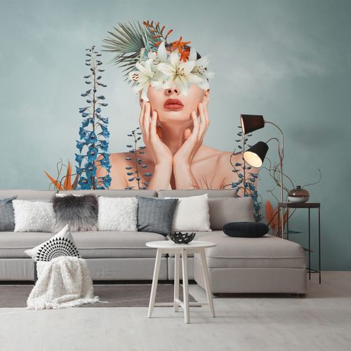 Sfondo fotografico Profhome 399111-GU Carta da parati TNT goffrata a caldo liscia con motivo floreale opaca blu beige verde arancione 3,71 m x 2,8 m
