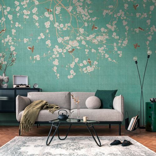 Sfondo fotografico Profhome 399211-GU Carta da parati TNT goffrata a caldo liscia con motivo floreale opaca blu bianco-crema beige grigio 3,71 m x 2,8 m