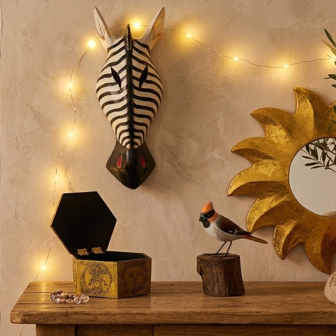 Zebra-Maske, Sonnenspiegel und Holzschatulle in einer warm beleuchteten Wohnecke