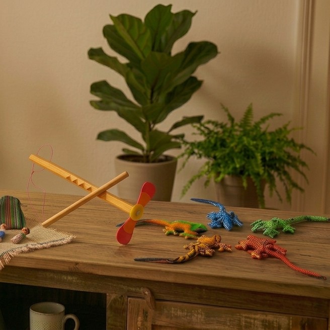 Holzspielzeug und bunte Eidechsen auf einem Holztisch