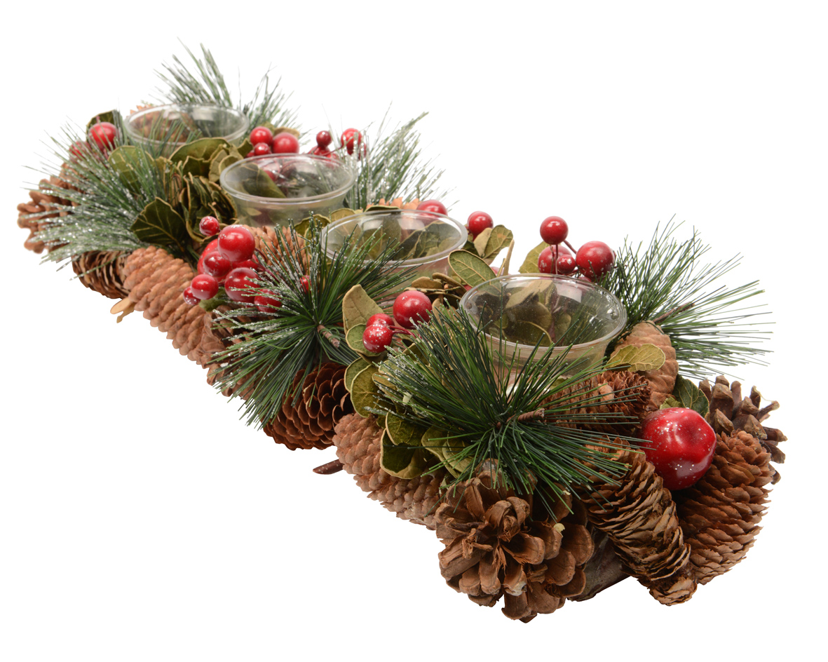 Adventsgesteck länglich Teelichthalter Glas 45cm grün rot