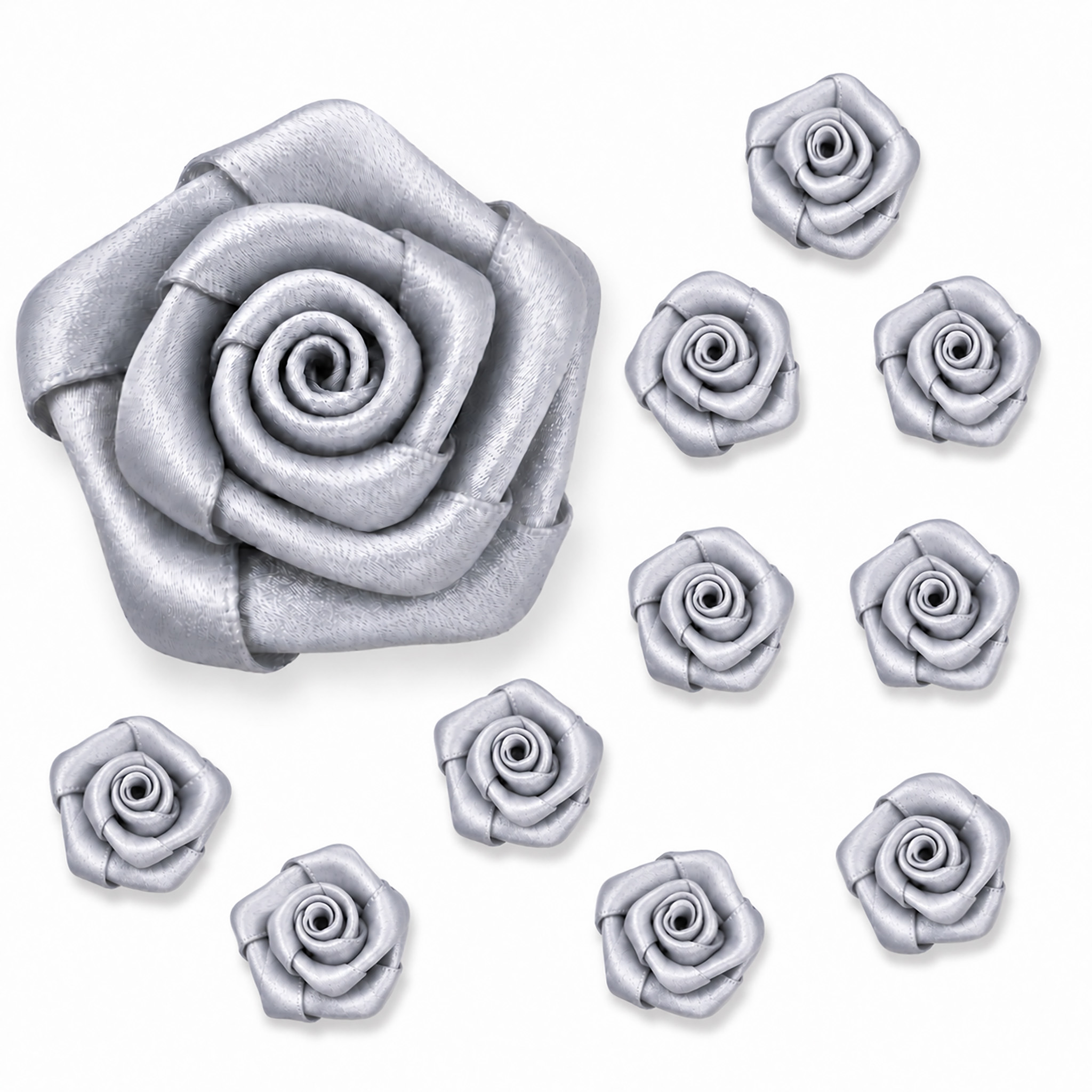 Satinrosen 3cm Rosenköpfe zum Basteln & Aufnähen 10 Stück Silber