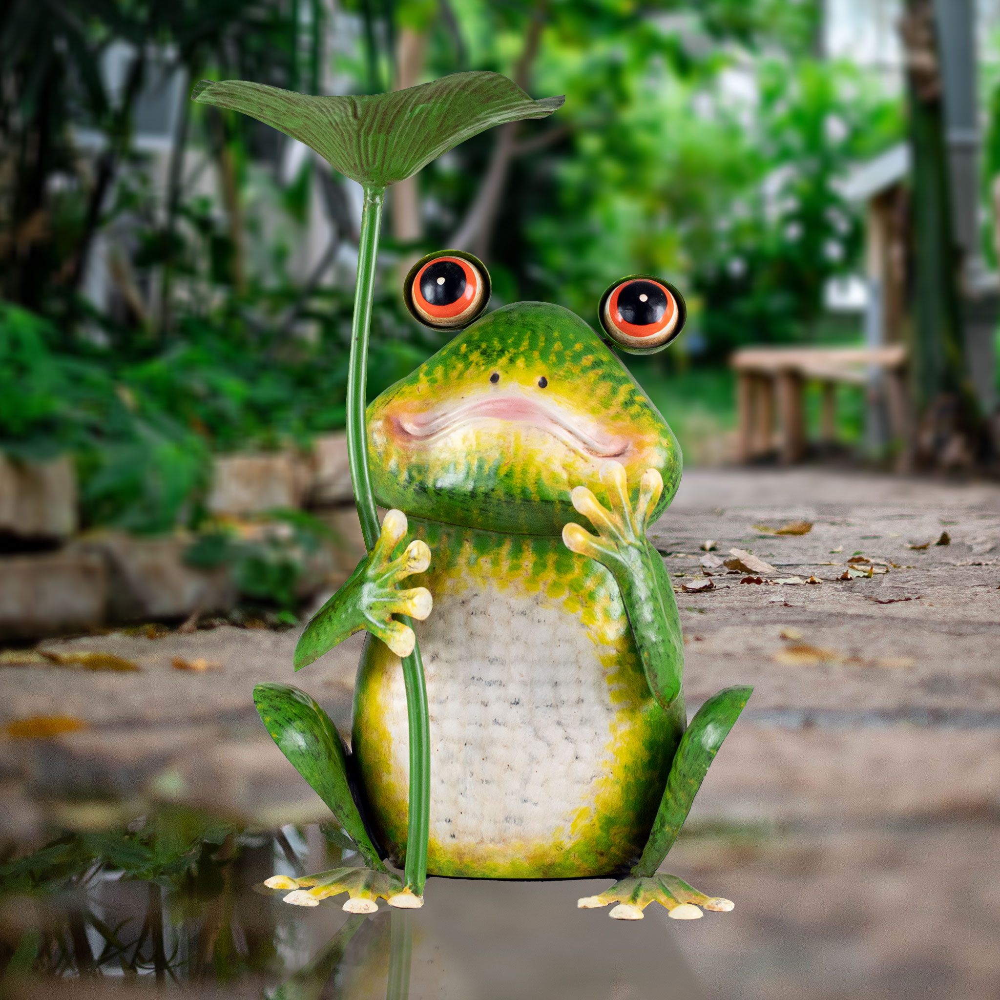 Frosch mit Schirm 20x30cm Metall Deko Figur Gartenfigur Grün / Gelb