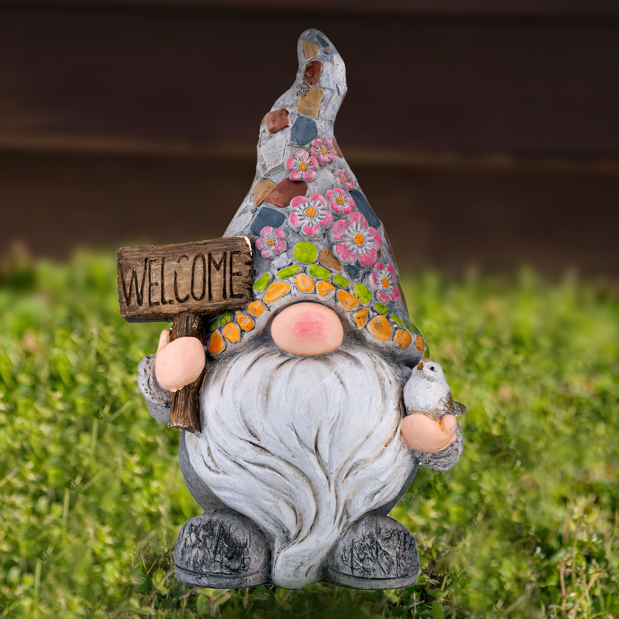 Gartenzwerg Welcome 18x40cm Keramik Gartenfigur Grau / Rosa